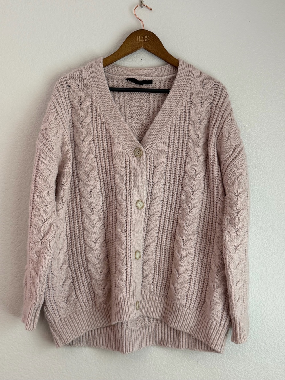 Jenni Kayne Cable Cocoon Cardigan XS Alpaca Merino Wool Oversized Sweater Blush - Picture 2 of 6